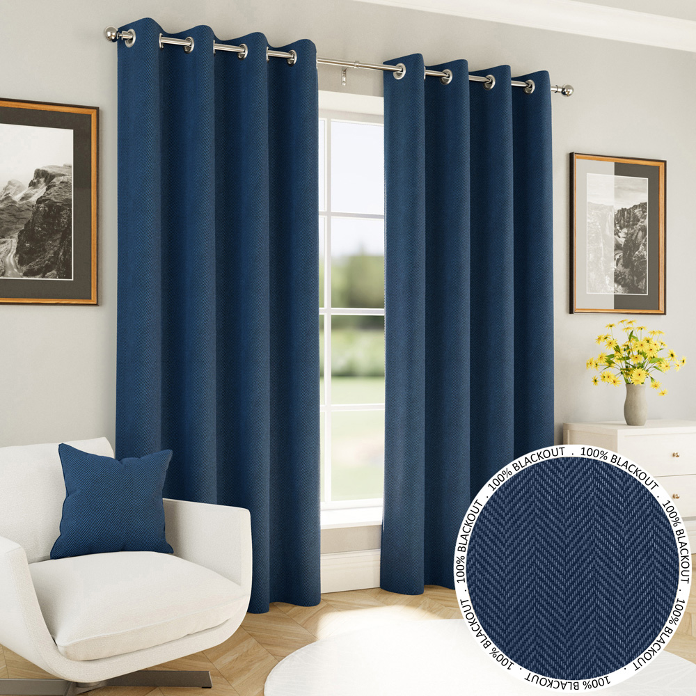 Enhanced Living Navy Herringbone Blackout Eyelet Thermal Curtains 229 x 229cm Image 1