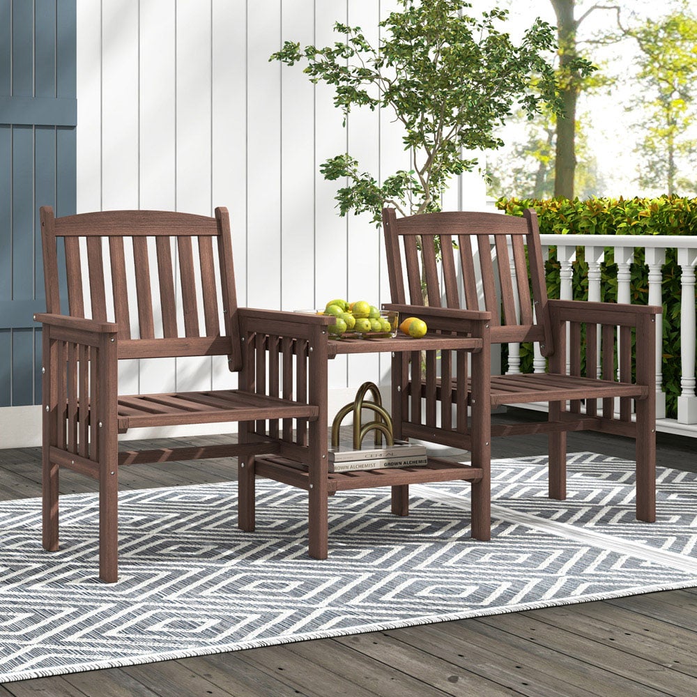Costway 2 Seater Fir Wood Outdoor Loveseat and Side Table Set Brown Image 4