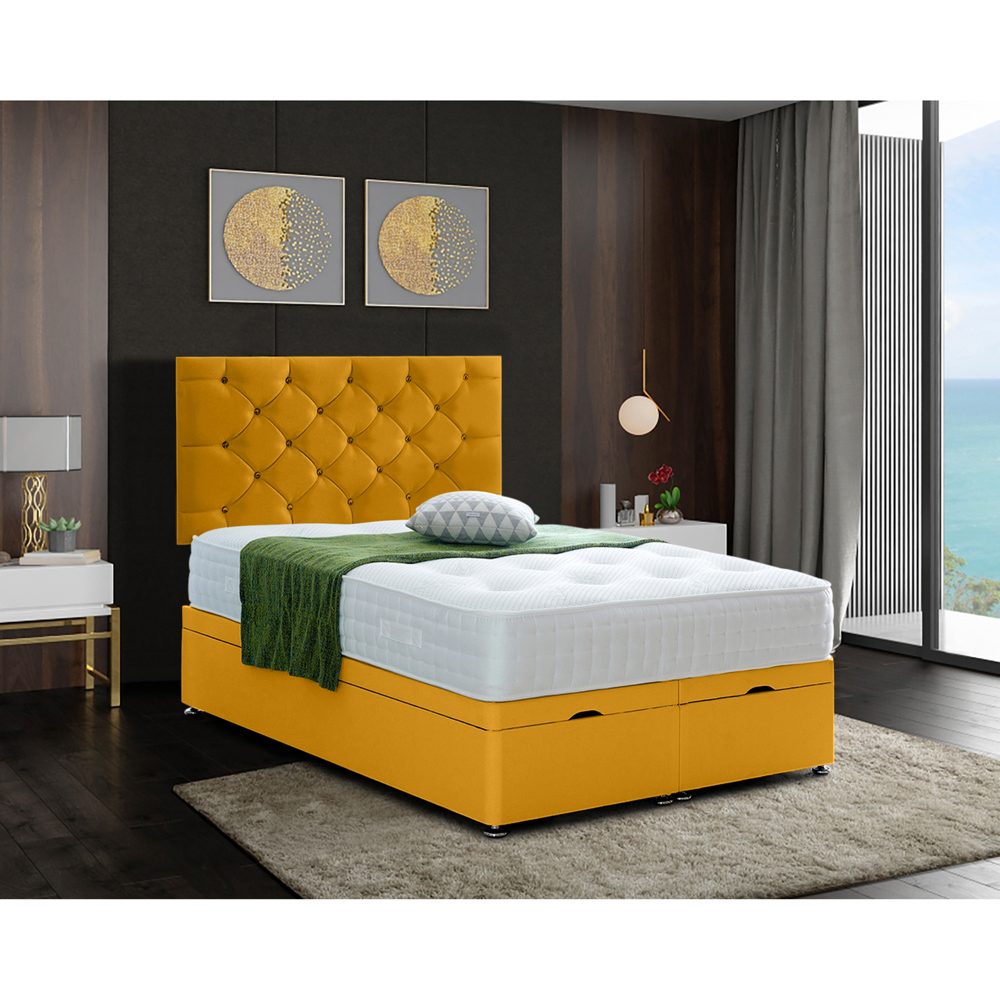 Eleganza Home Resthaven Double Mustard Plush Velvet Divan Ottoman Bed with Headboard Image 2