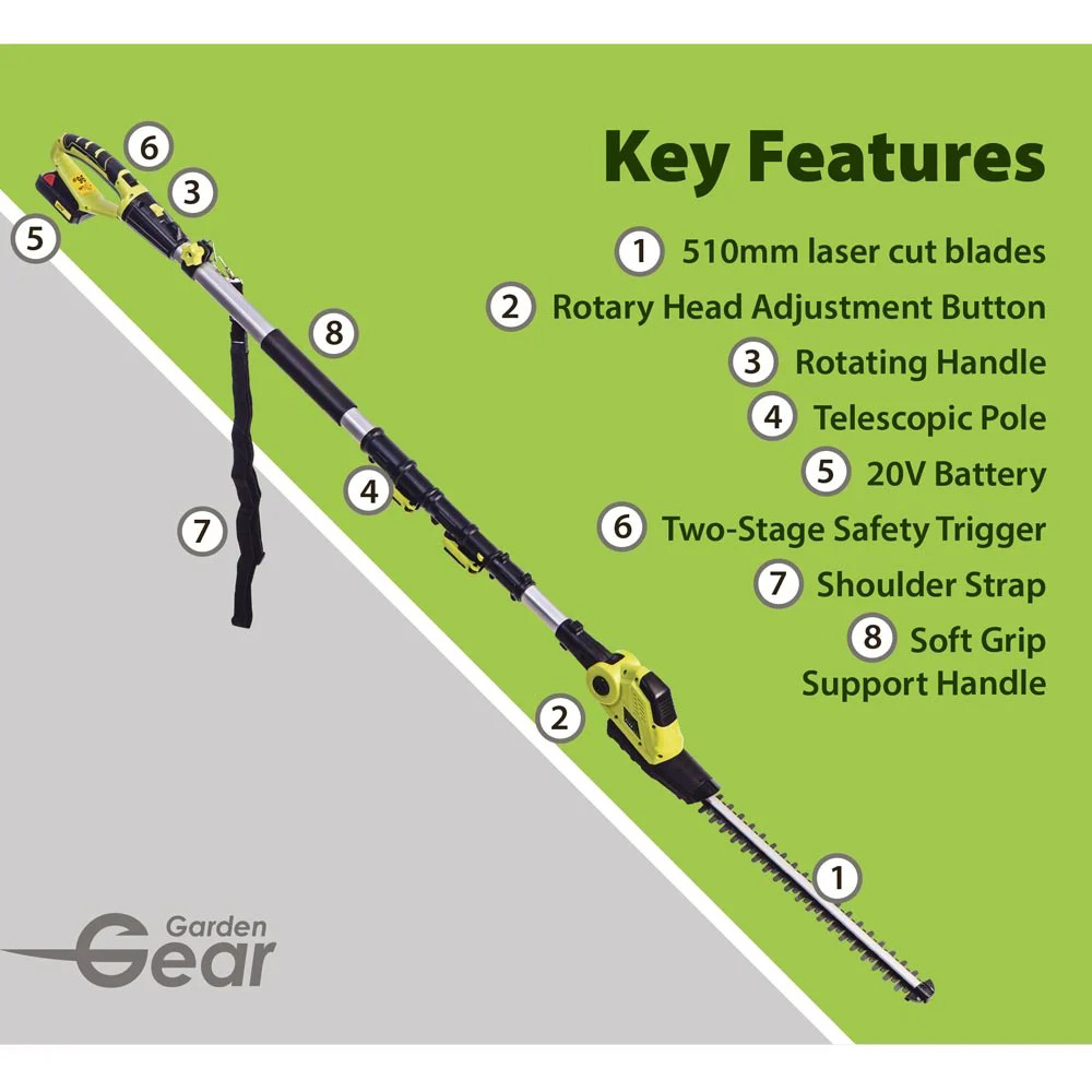 Garden Gear KJ3143 Rotating Handle 270cm Cordless Telescopic Hedge Trimmer 20V Image 5