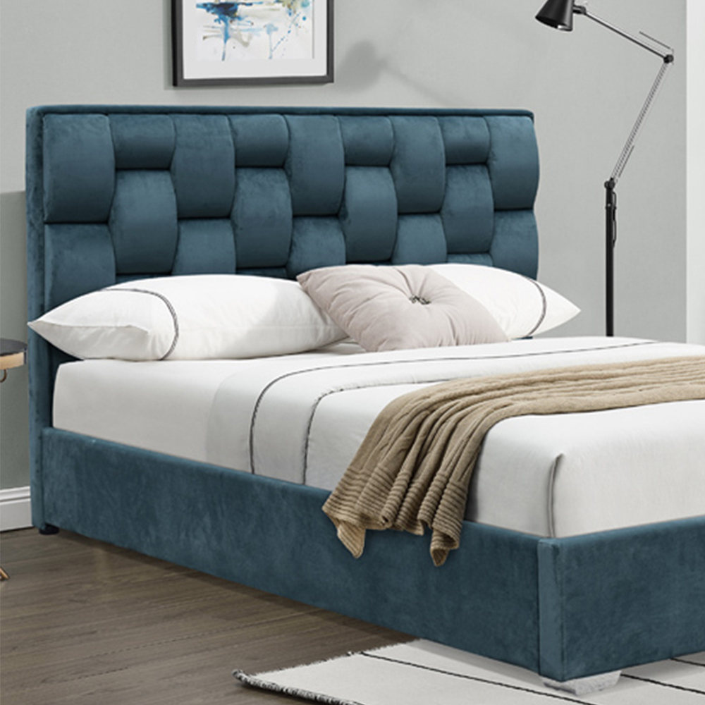 Brooklyn King Size Blue Plush Velvet Weaved Headboard Bed Frame Image 2