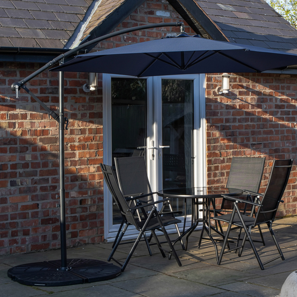 Samuel Alexander 4 Seater Glass Top Foldable Dining Set with Blue Banana Parasol and Base Image 1