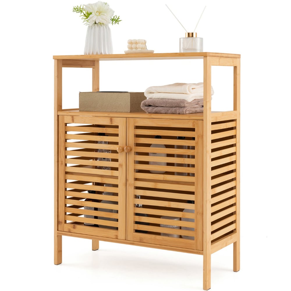 Costway 2 Door Single Shelf Natural Bamboo Storage Cabinet Image 4