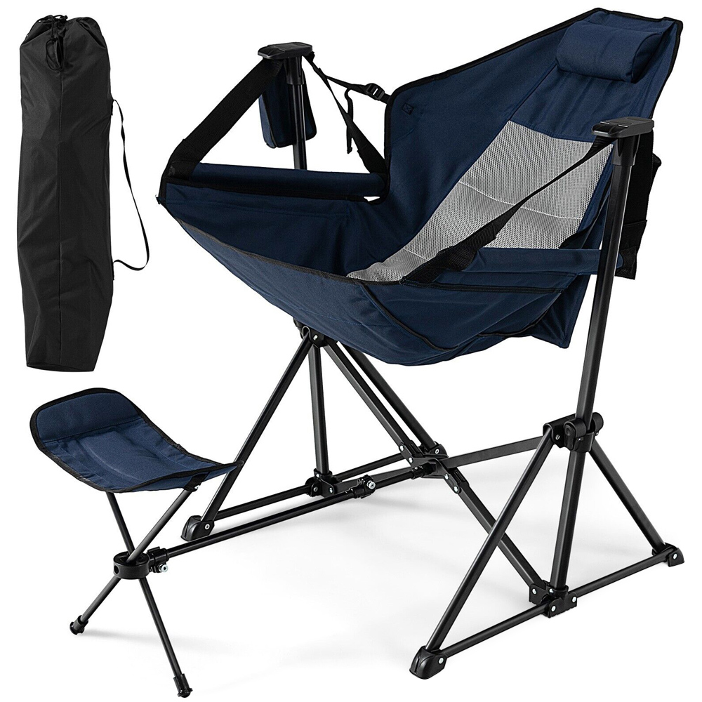 Costway Navy Folding Hammock Chair with Retractable Footrest Image 1