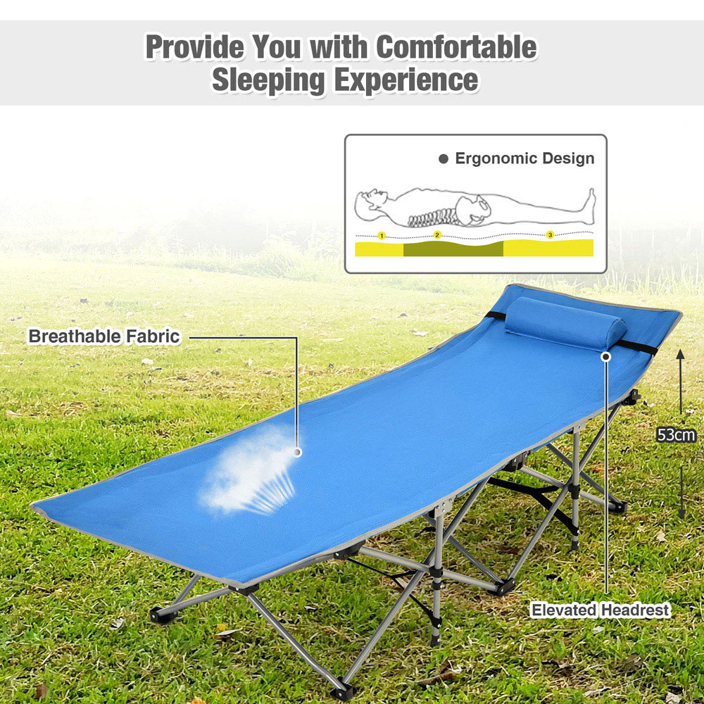 Costway Blue Folding Camping Cot with Detachable Headrest and Side Pocket Image 4