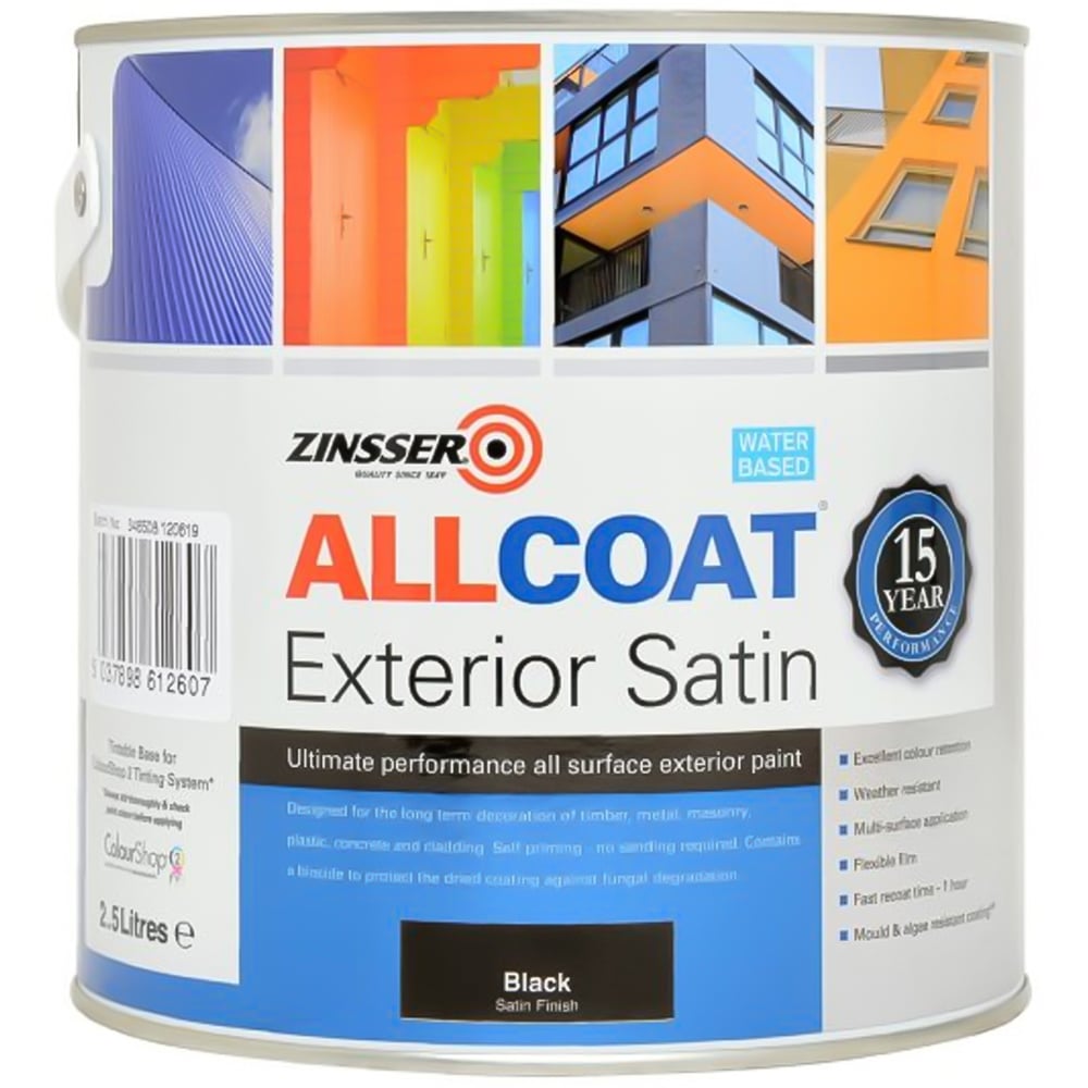 Zinsser Allcoat Black Water Based Exterior Satin Paint 2.5L Image 2