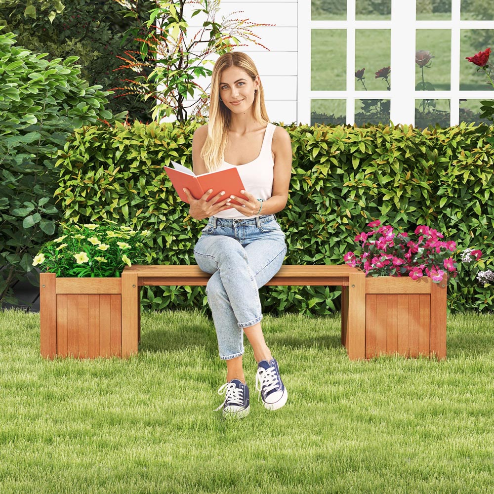 Costway Hardwood 2 Side Planter Box with Bench Image 4