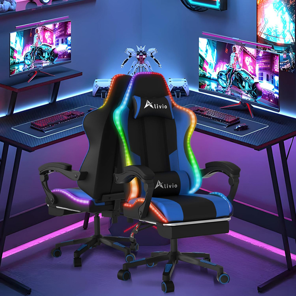 Alivio Blue PU Leather Wireless App Control LED Gaming Chair with Massage Lumbar Cushion Image 3