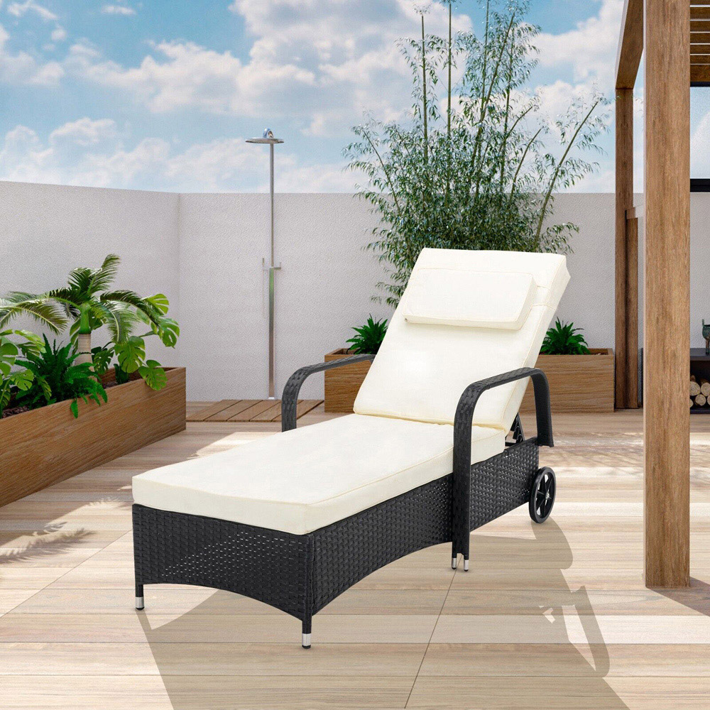 Black Rattan Recliner Sun Lounger with Wheels Image 6