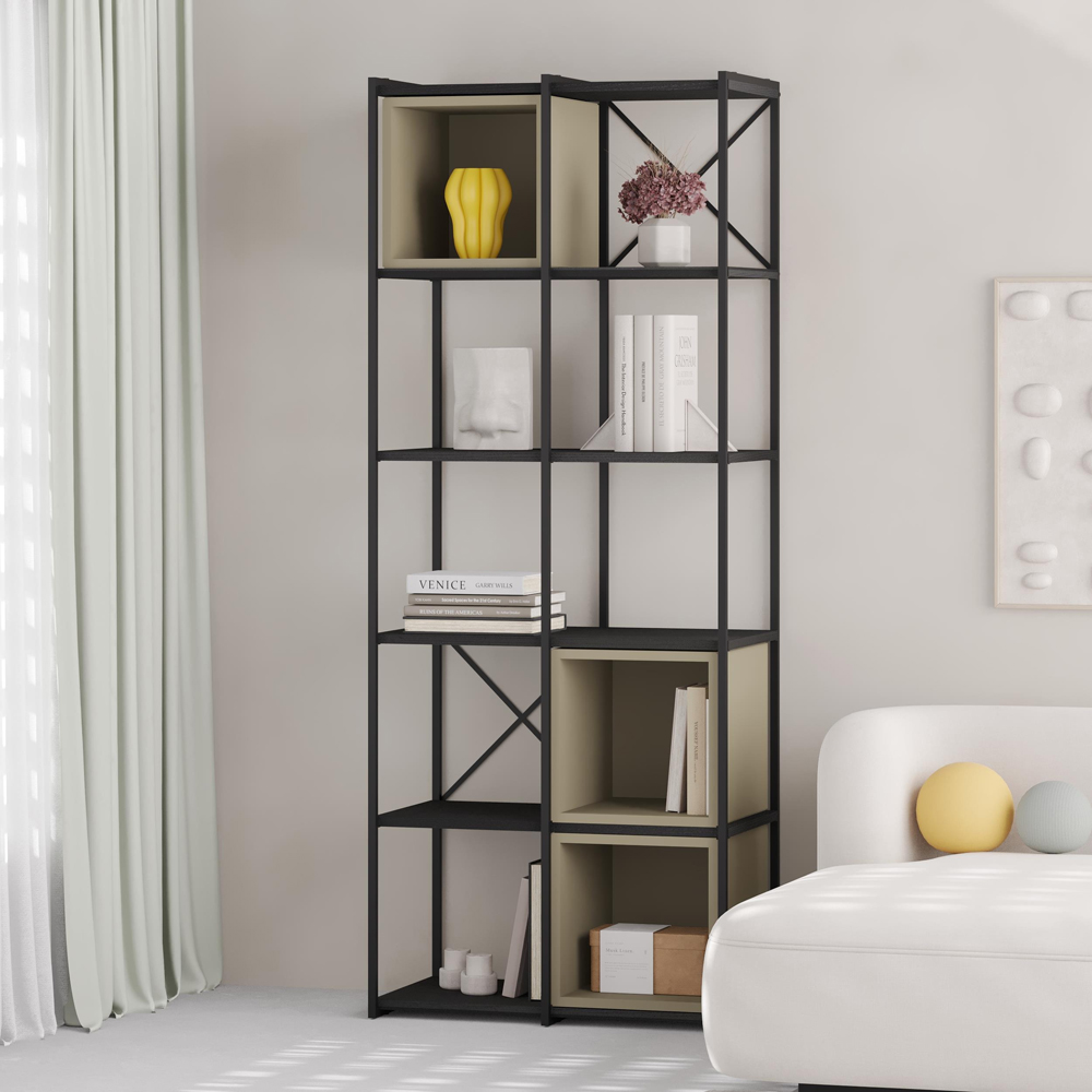 Decortie Vale Midi 10 Shelf Black Wood and Ash Green Bookcase Image 5