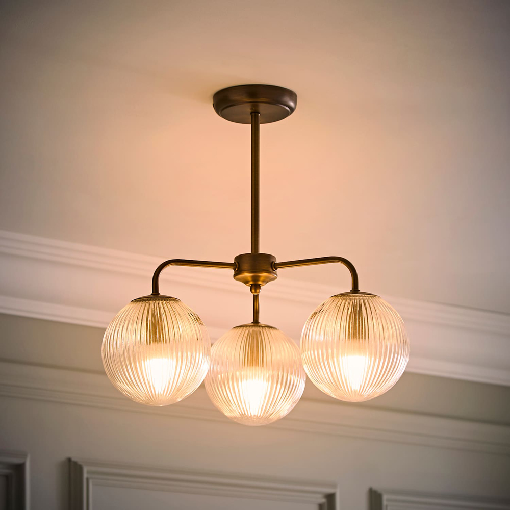 ValueLights Kempton 3 Arm Glass Globe Shade Brass Chandelier with Bulb Image 2