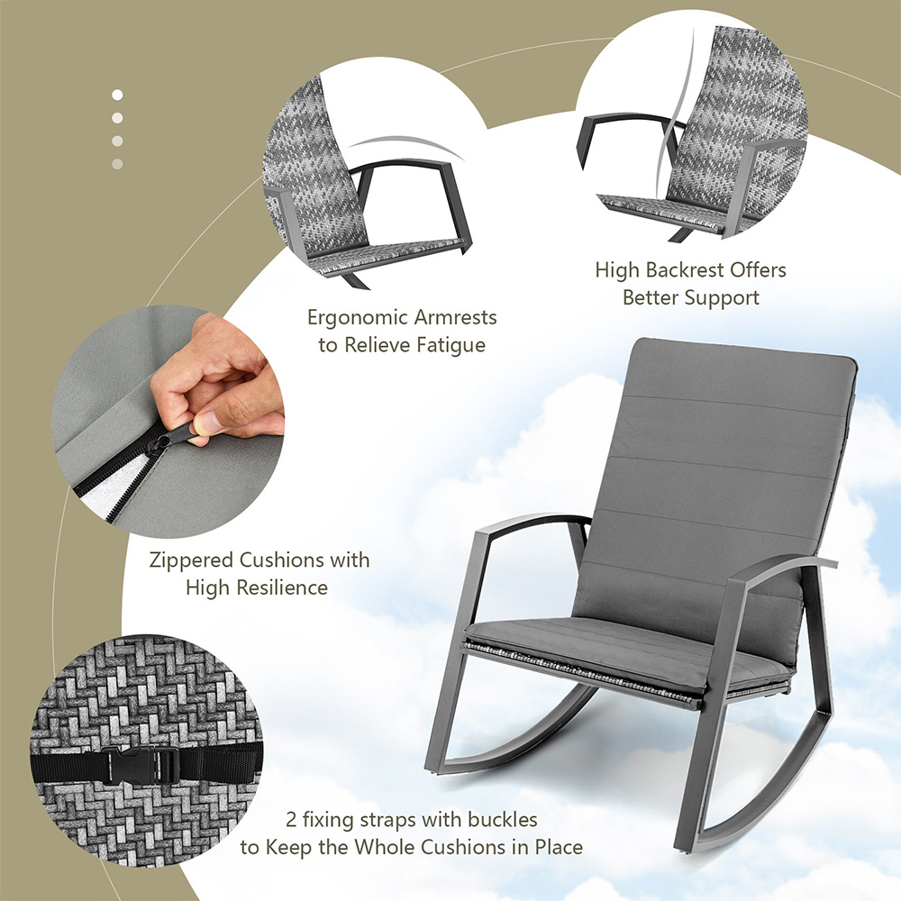 Costway 2 Seater PE Rattan Rocking Chair Bistro Set Grey Image 7