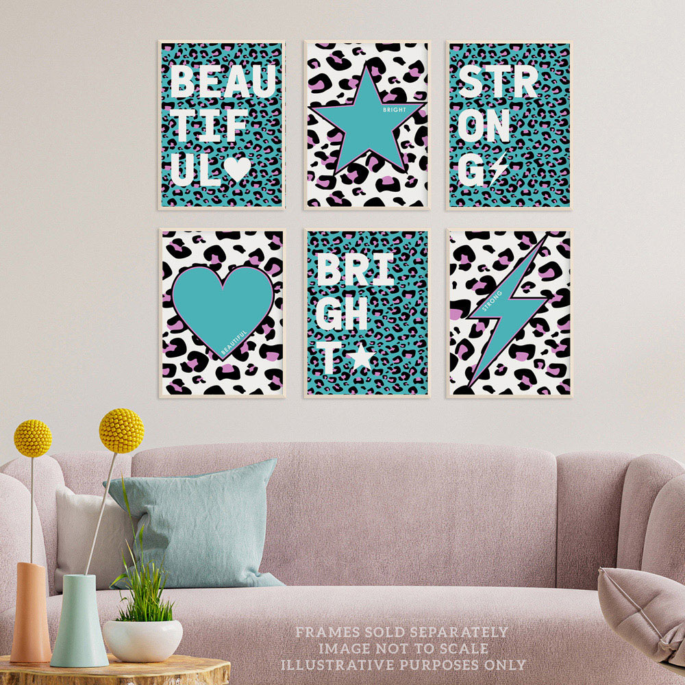 Wee Blue Coo Turquoise and Purple Leopard Pattern Bold Shapes Wall Art Print 30 x 41cm 6 Pack Image 2