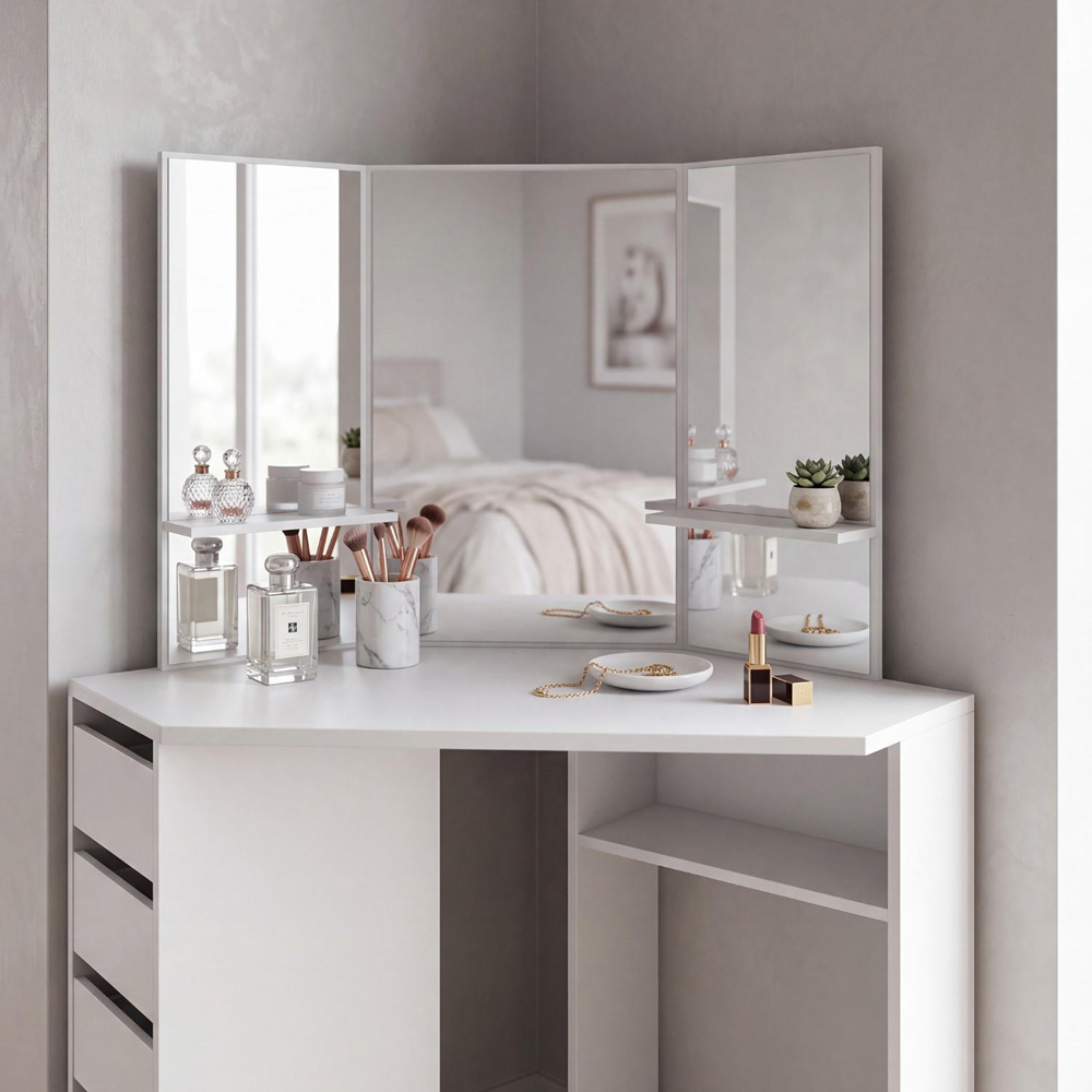 Portland 5 Drawer White Corner Dressing Table Set with Mirror Image 4
