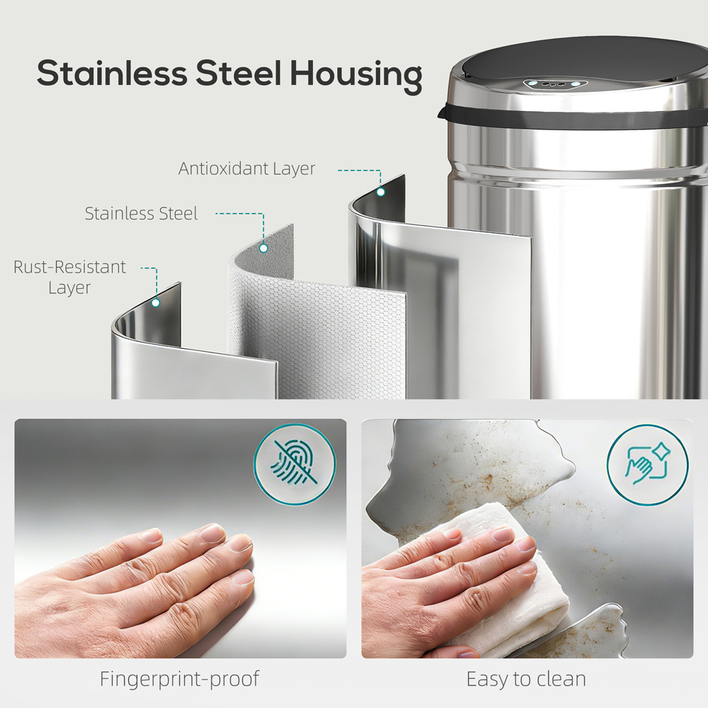 HOMCOM Silver Tone Stainless Steel Slim Automatic Sensor Bin 42L Image 7