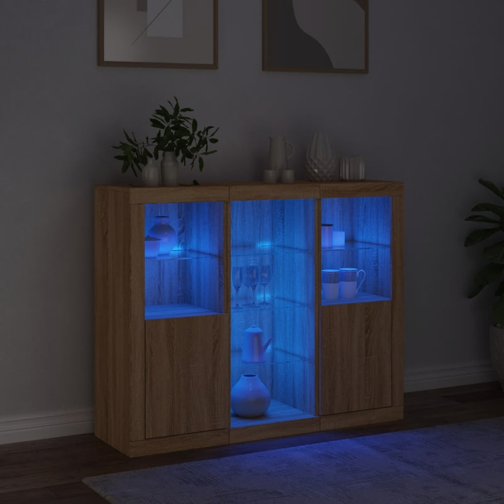 vidaXL 2 Door 8 Shelf Sonoma Oak LED Sideboard 3 Piece Image 8
