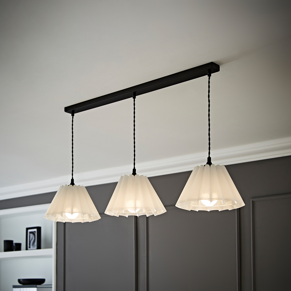 ValueLights Lauren White Pleat 3 Drop Bar Matte Black Diner LED Ceiling Pendant Light Image 2