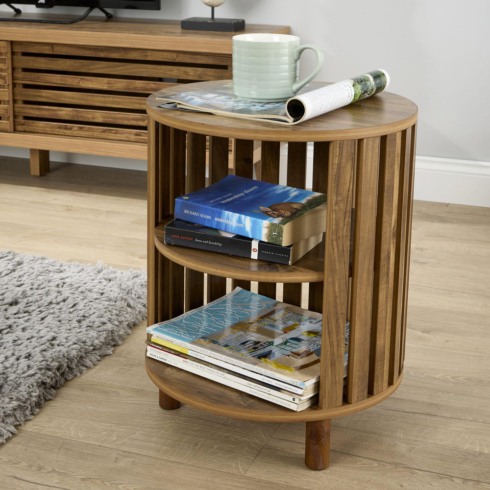 Home Source Luna 2 Shelf Oak Round Side Table with Solid Wood Legs Image 5