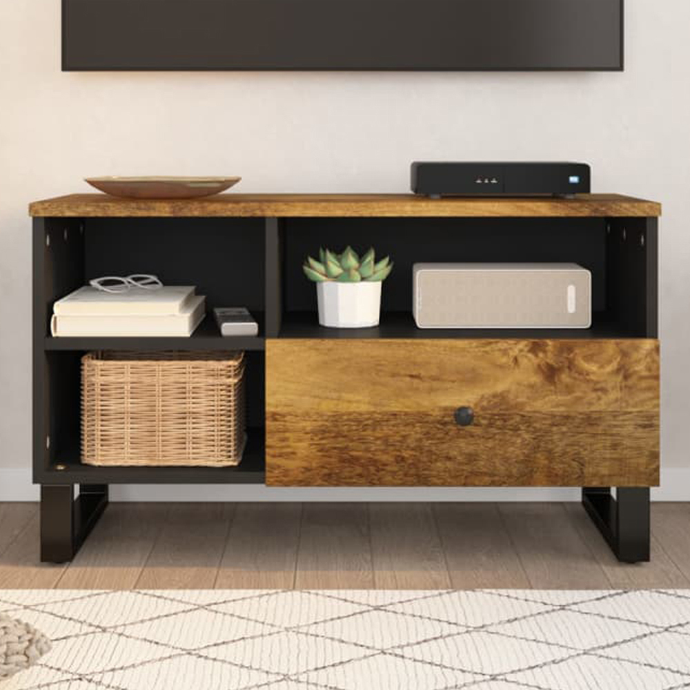 vidaXL Single Drawer 3 Shelf Honey Brown Solid Mango Wood TV Cabinet Image 1
