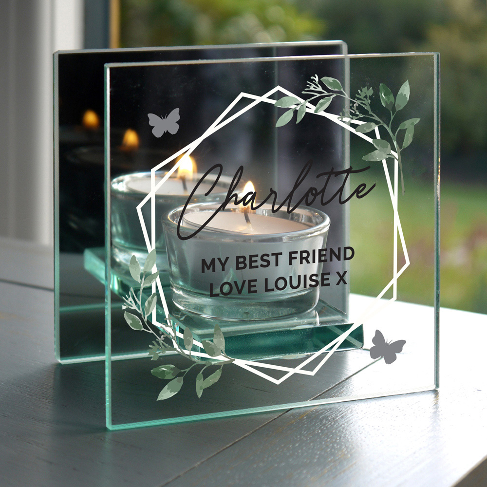 Personalised Memento Personalised Botanical Mirrored Glass Tea Light Candle Holder Image 2