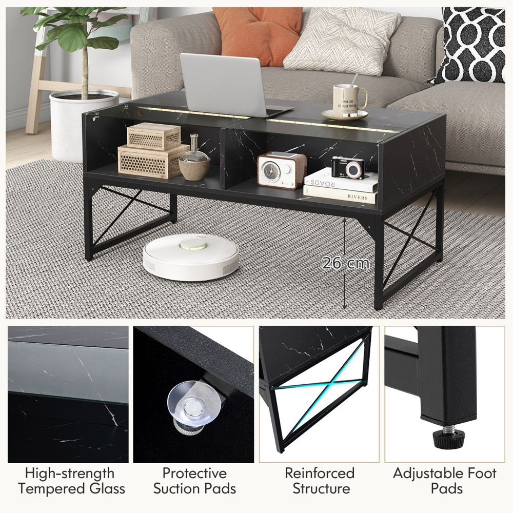Costway 4 Shelf Black Faux Marble Tempered Glass LED Coffee Table Image 6