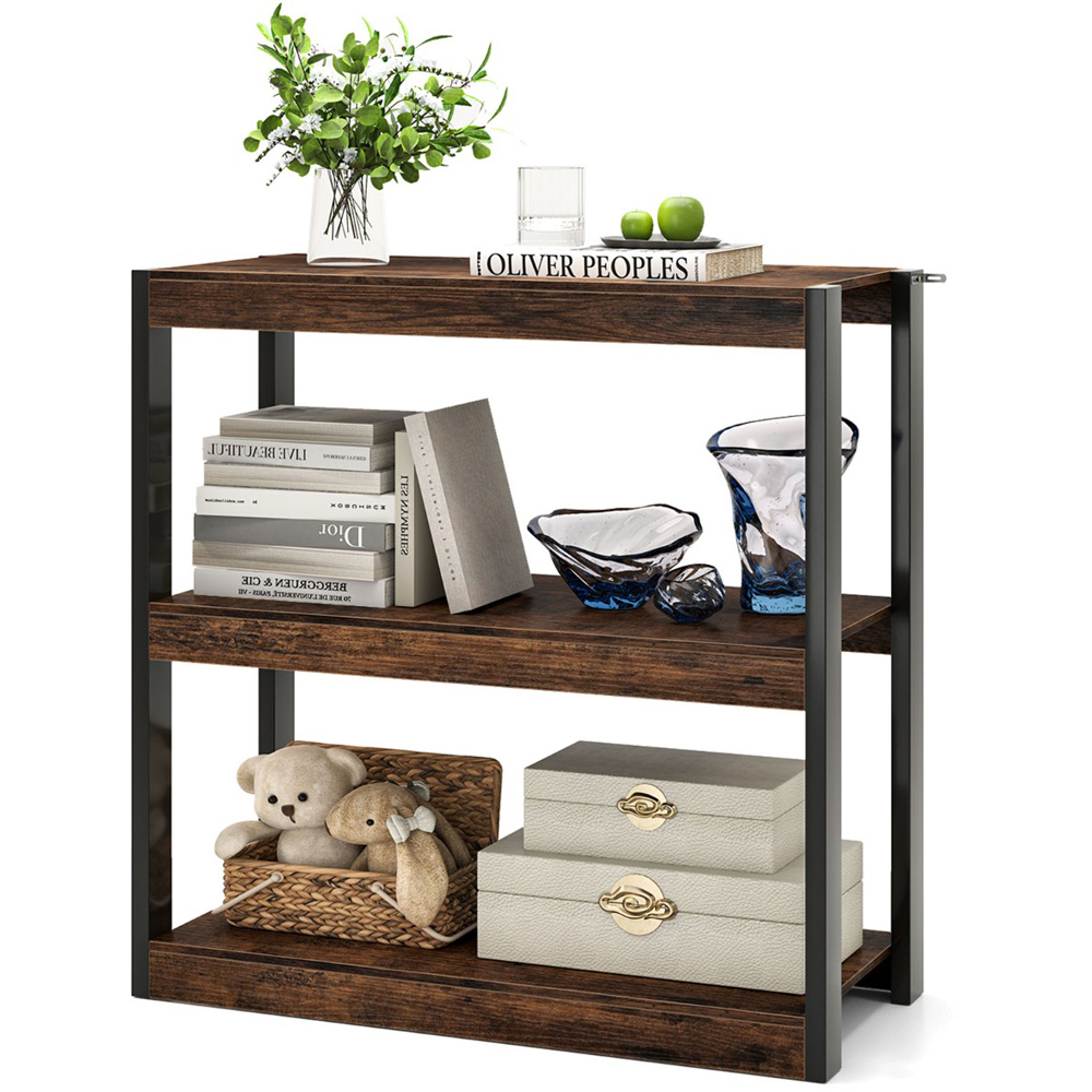 Costway 3 Tier Rustic Brown Wooden Bookcase with Dual Anti Tipping Kits Image 3