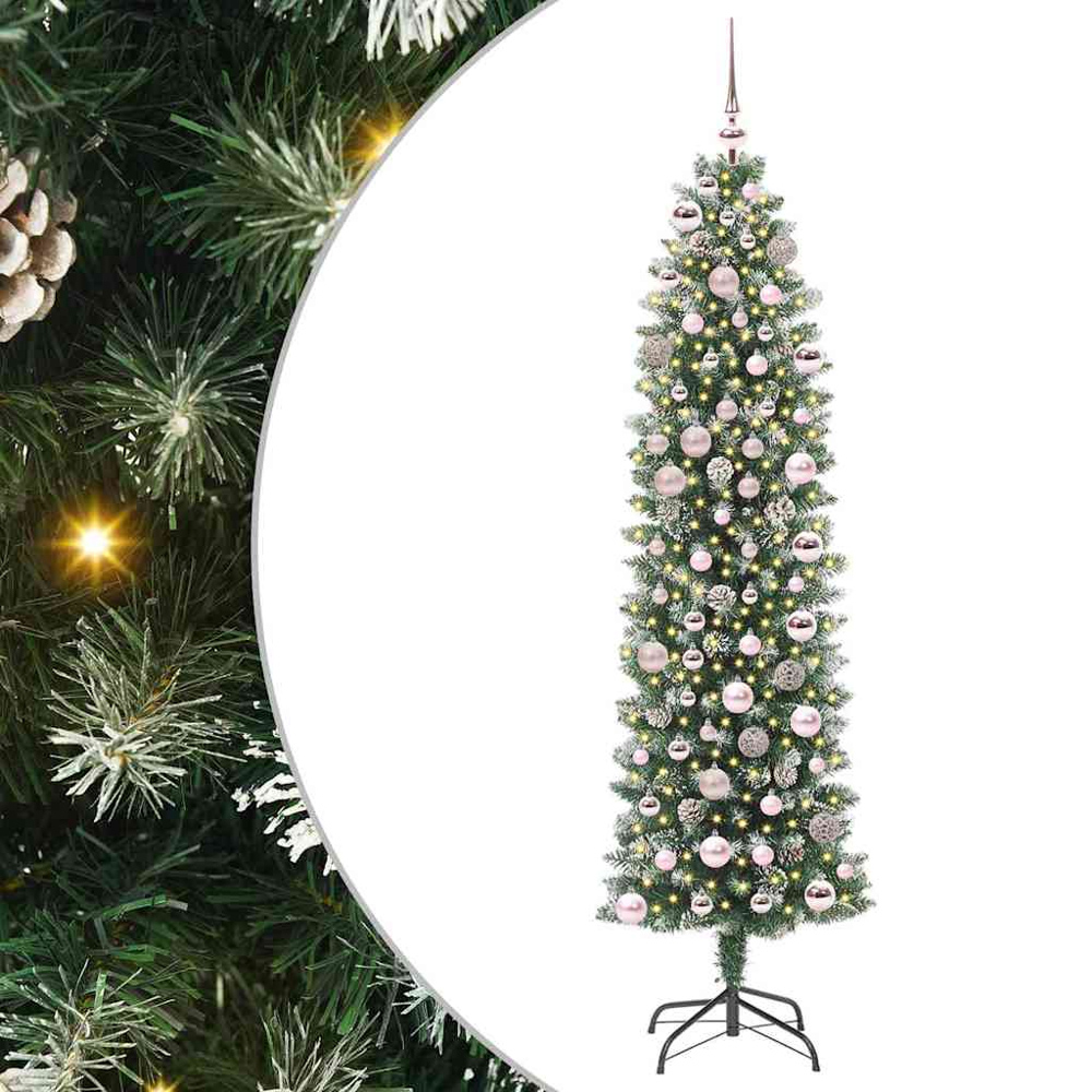 vidaXL Pre-Lit Pink Bauble Pinecones Green Snow Flocked Artificial Pencil Christmas Tree 6ft Image 6