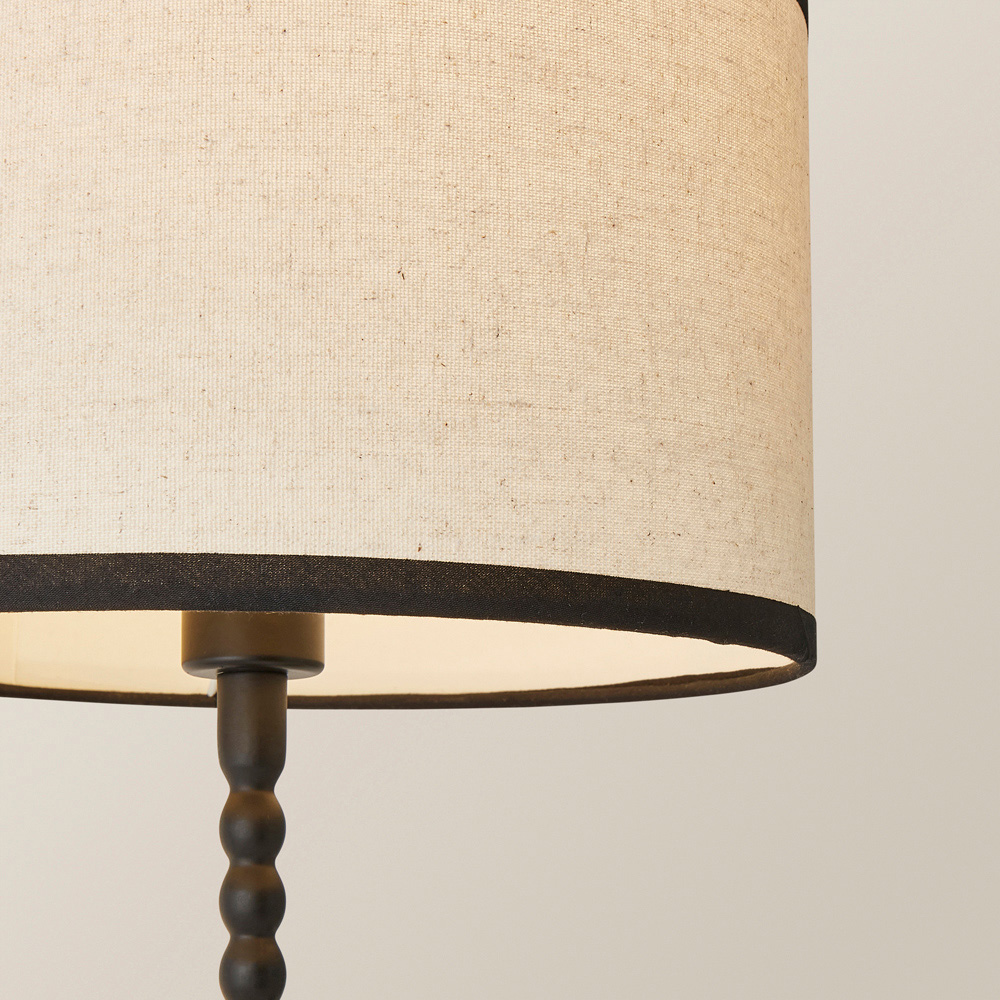 ValueLights Maeve Natural Linen Black Trim Drum Shade Bobbin Table Lamp and Bulb Image 3