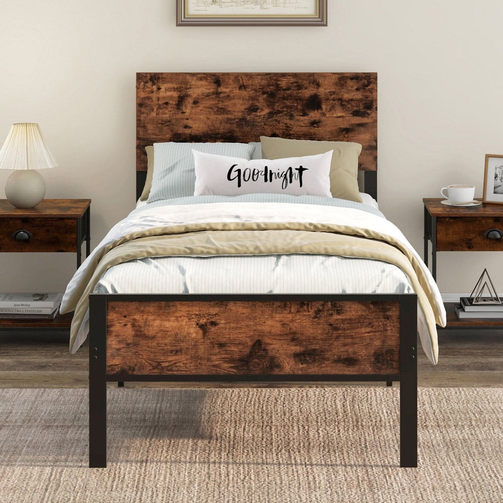 Costway Single Brown Metal Platform Bed with Headboard and Footboard Image 3