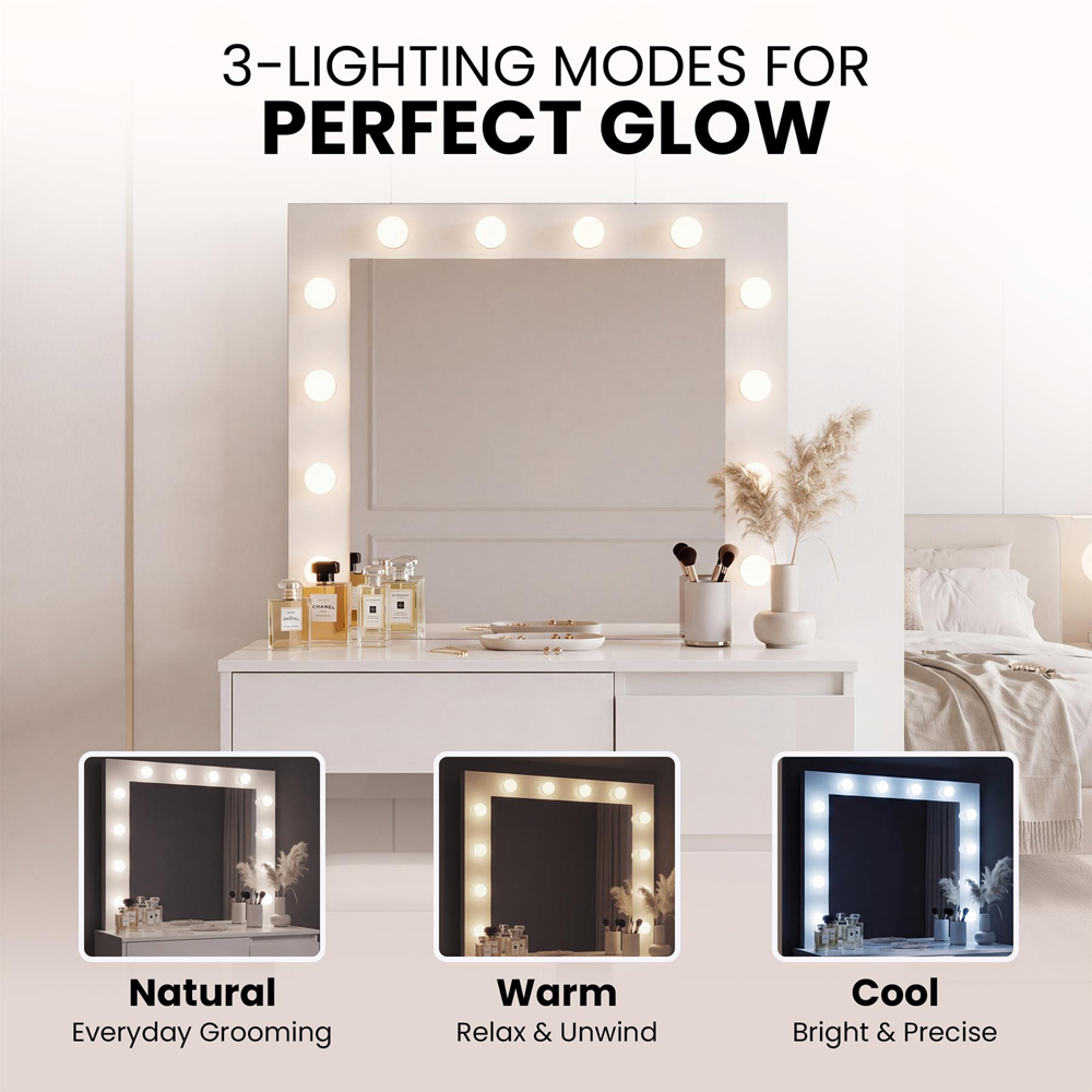 Portland 4 Drawer White Dressing Table Set with LED Mirror Image 7