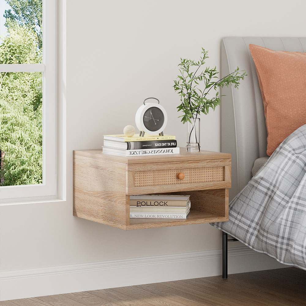 H&O Direct Single Drawer Single Shelf Natural Woven Rattan Floating Nightstand Image 5