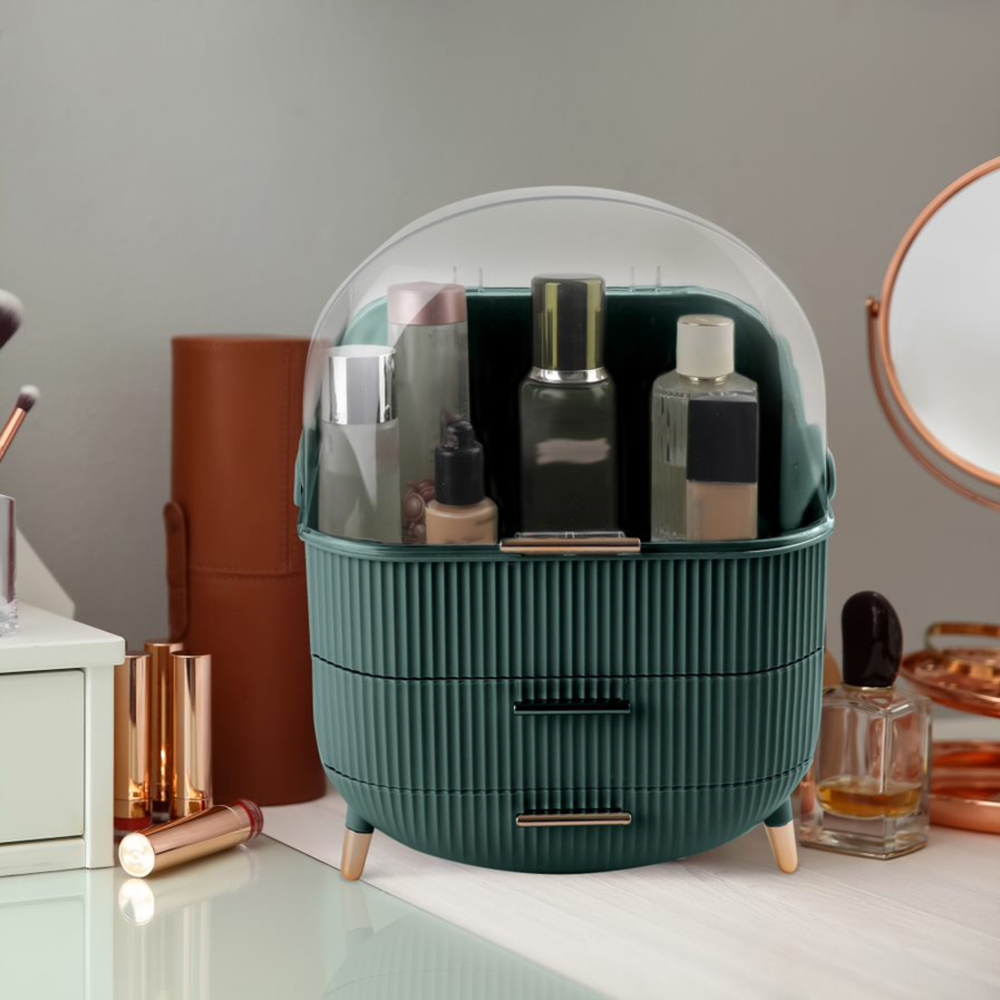 Alivio 2 Drawer Dark Green Portable Round Makeup Storage Organiser Image 2