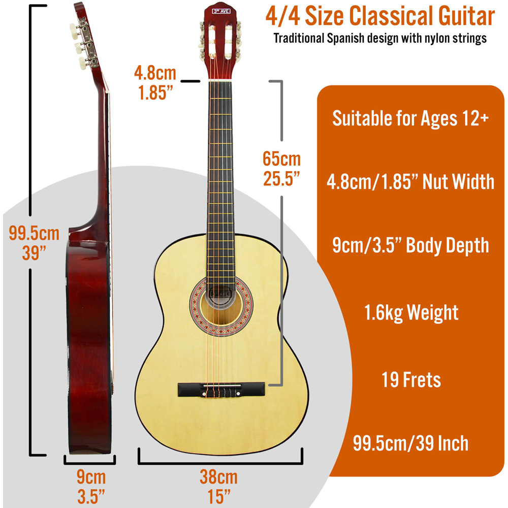 3rd Avenue Natural Full Size Classical Guitar Set Image 6