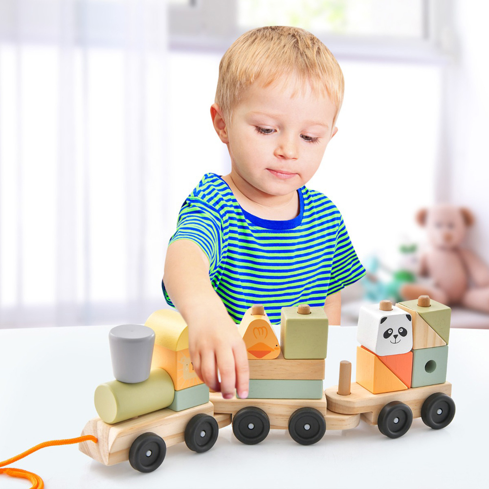 Costway 3 Section Toy Train Set with Stackable Building Blocks Image 3