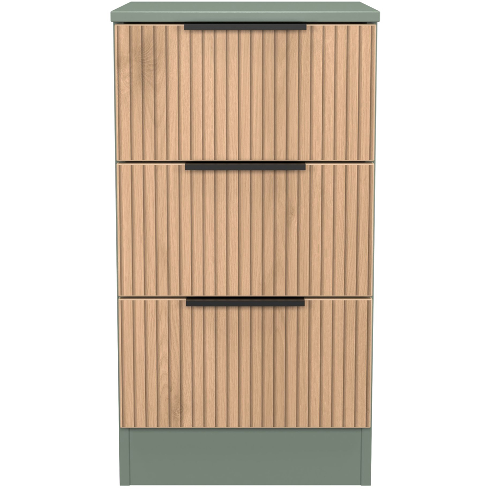 Crowndale Java 3 Drawer Slatt Effect and Reed Green Bedside Cabinet Image 2
