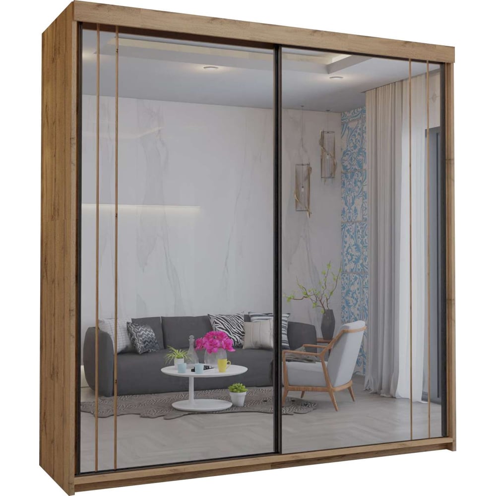 Modern Double Mirror Sliding Door Wardrobe with Shelves, Hanging Rails and Drawers (Oak 200cm) Image 2