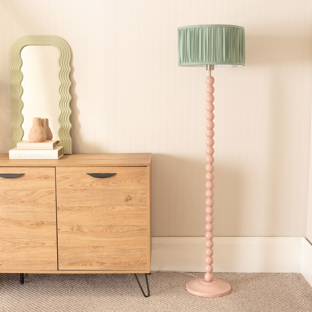 ValueLights Bobbins Ruched Pleated Green Drum Shade Painted Rose LED Floor Lamp Image 3