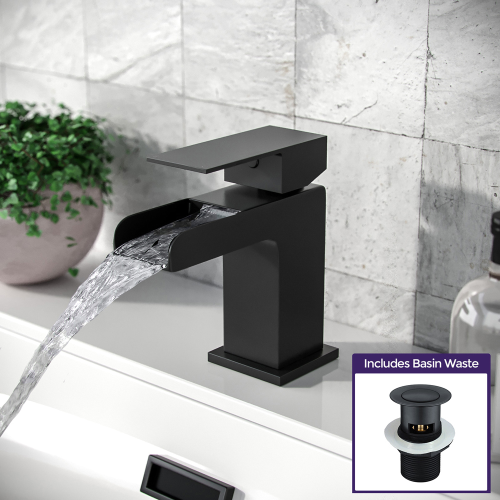 Nes Home Waterfall Matte Black Basin Mono Mixer Tap with Waste Image 2