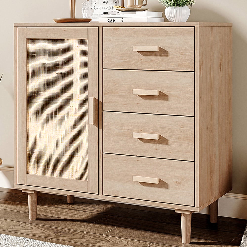H&O Direct Single Door 4 Drawer Wooden Rattan Accent Side Cabinet Image 1