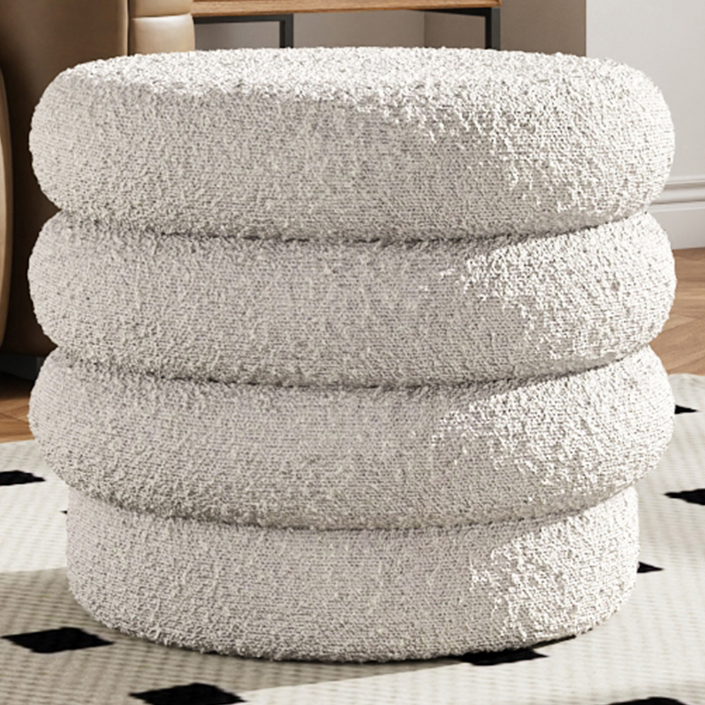 Living and Home Cream Boucle Upholstered Round Storage Ottoman Image 1