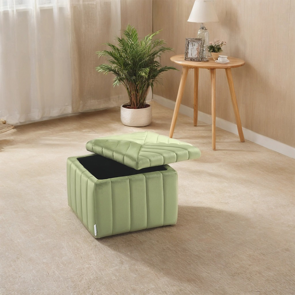 H&O Direct Green Velvet Upholstered Storage Ottoman Image 5