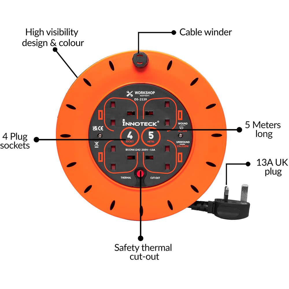 Innoteck 13A 4 Socket Cable Reel 5m Image 4