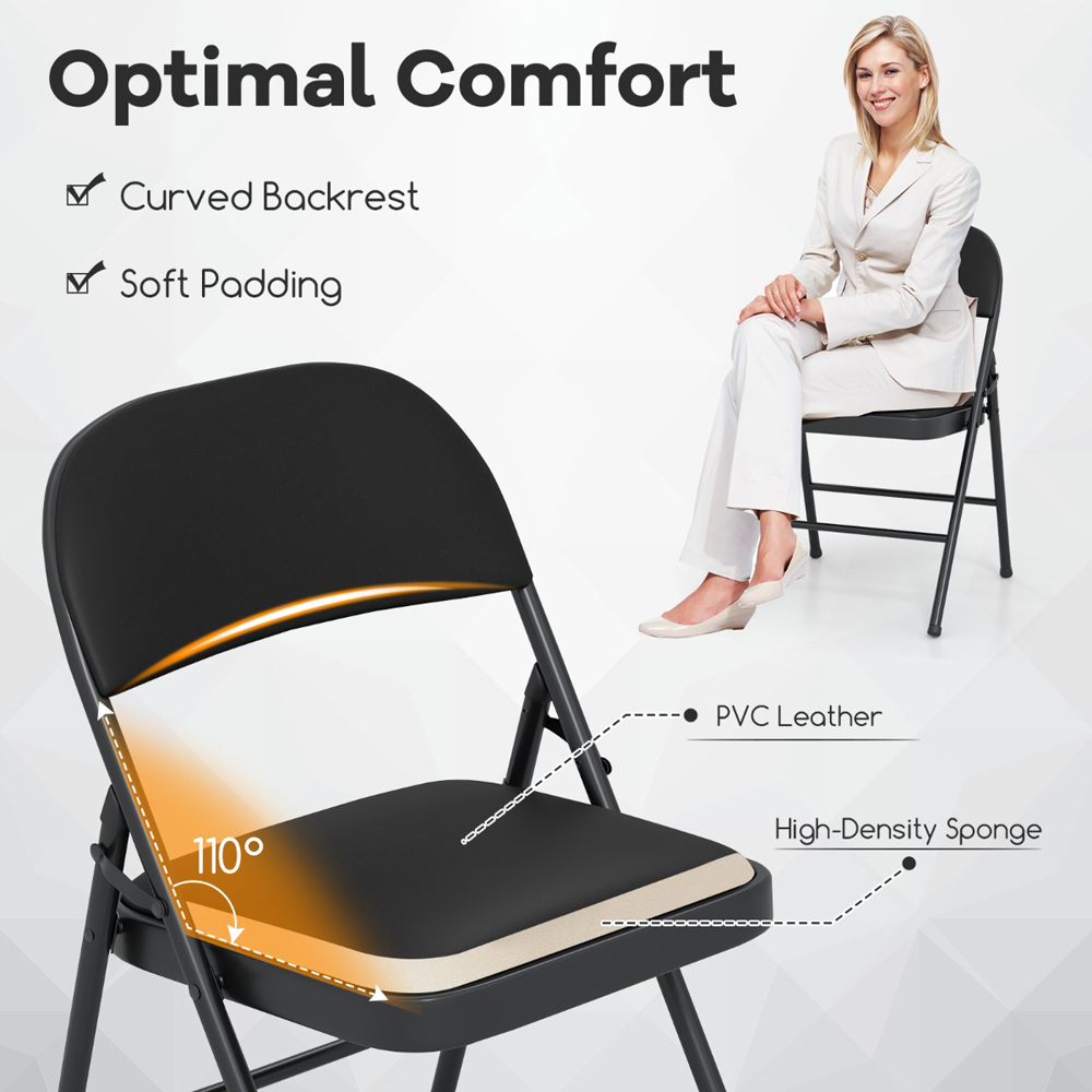 Costway Set of 2 Black Folding Padded PVC Leather Stackable Chairs Image 7