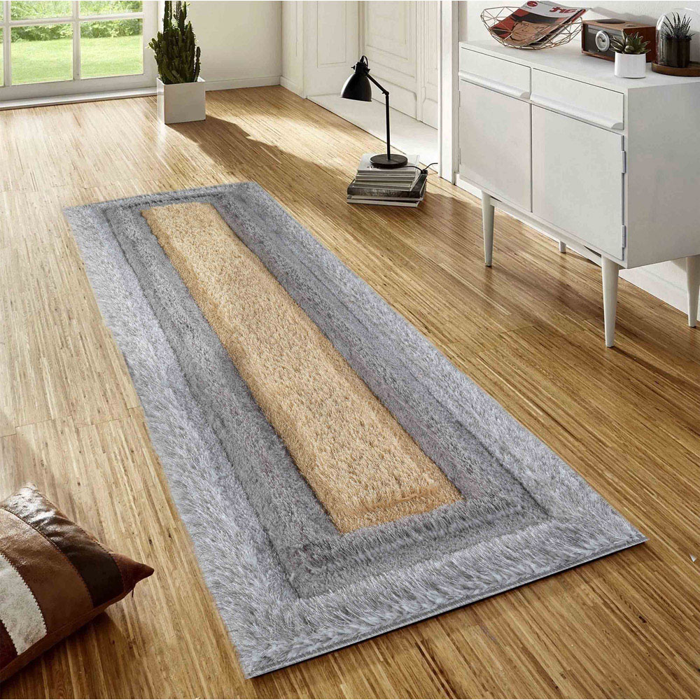 Desire Rug Modern Ochre Bordered Shimmer Soft Shaggy Area Rug 60 x 220cm Image 2