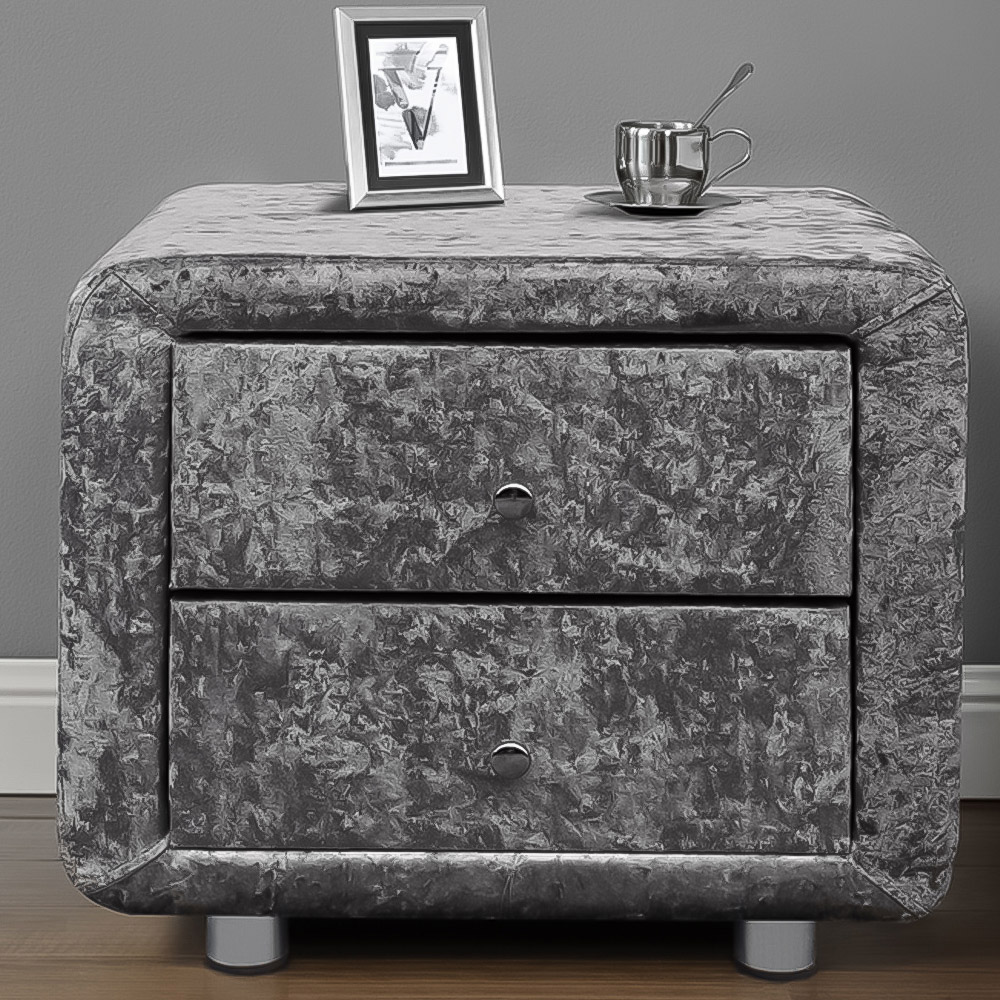 Brooklyn 2 Drawer Silver and Chrome Crushed Velvet Bedside Table Image 1