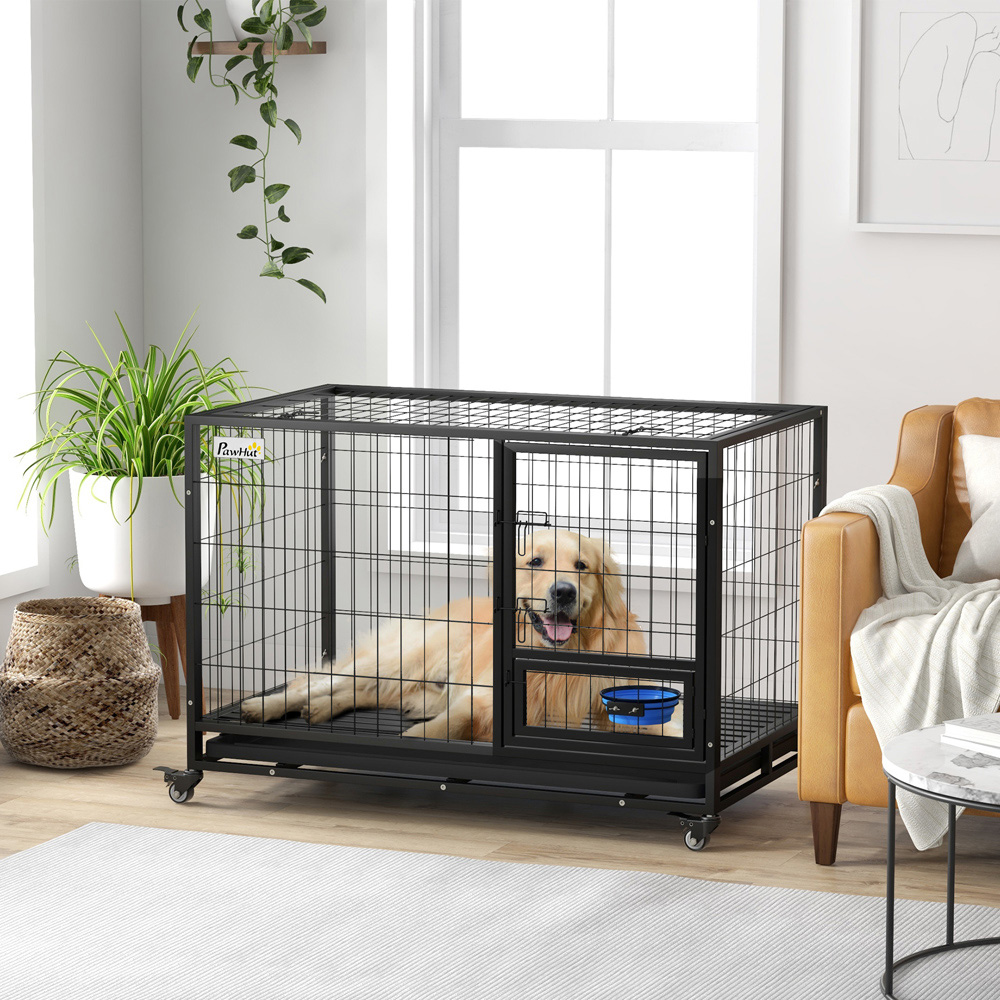 PawHut Black Heavy Duty Dog Crate on Wheels with Bowl Holder 122cm Image 2