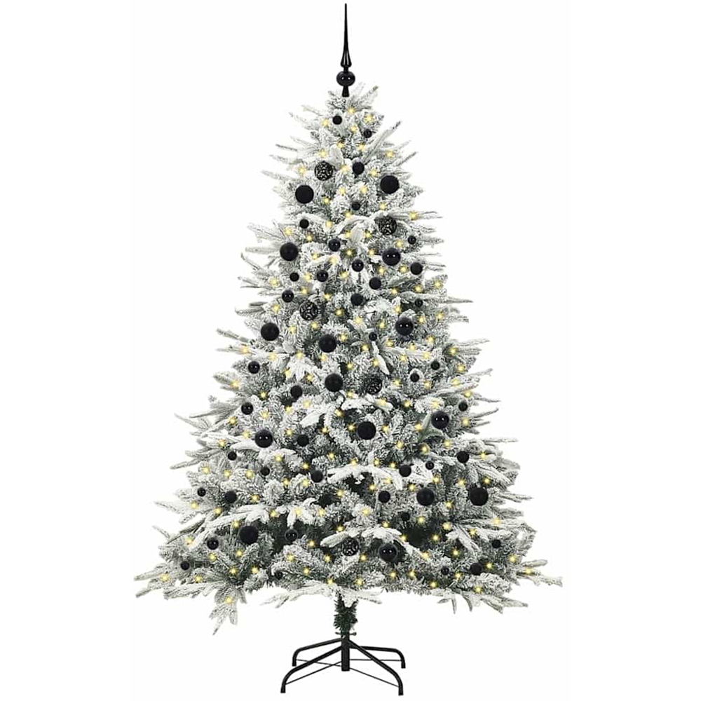 vidaXL 300 LED Pre-Lit Black Baubles Green Artificial Snow Flocked Christmas Tree 7ft Image 1