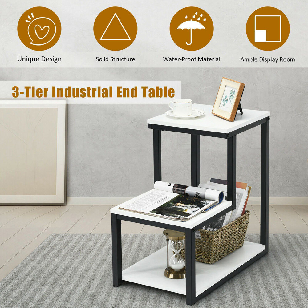 Costway 3 Shelf White Industrial Styled End Table Image 7