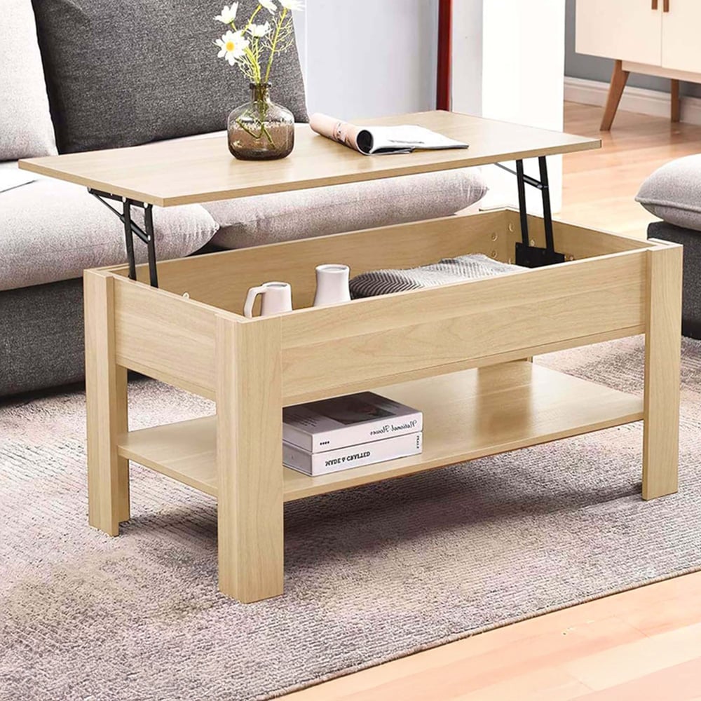 Comfy Living Single Shelf Oak High Gloss Lift Top Coffee Table Image 1