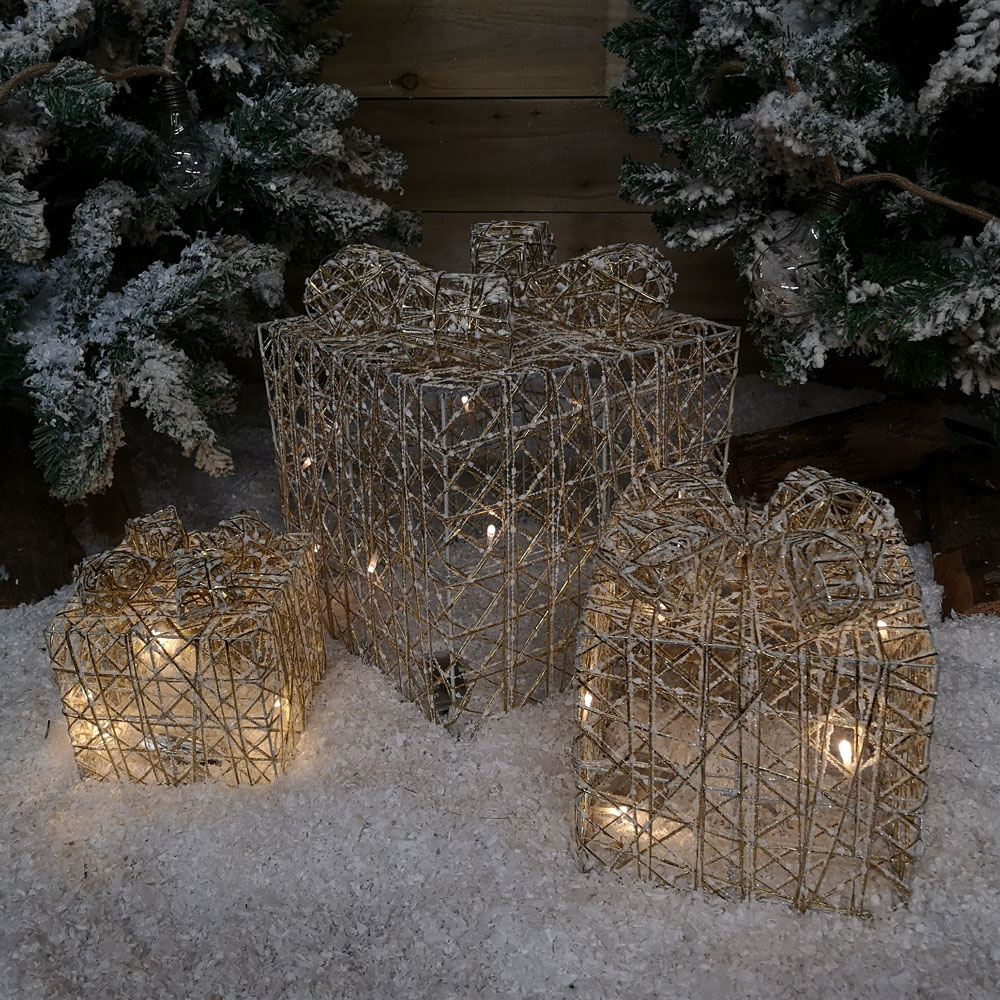 Samuel Alexander White and Gold LED Gift Box Christmas Decoration 3 Pack Image 4
